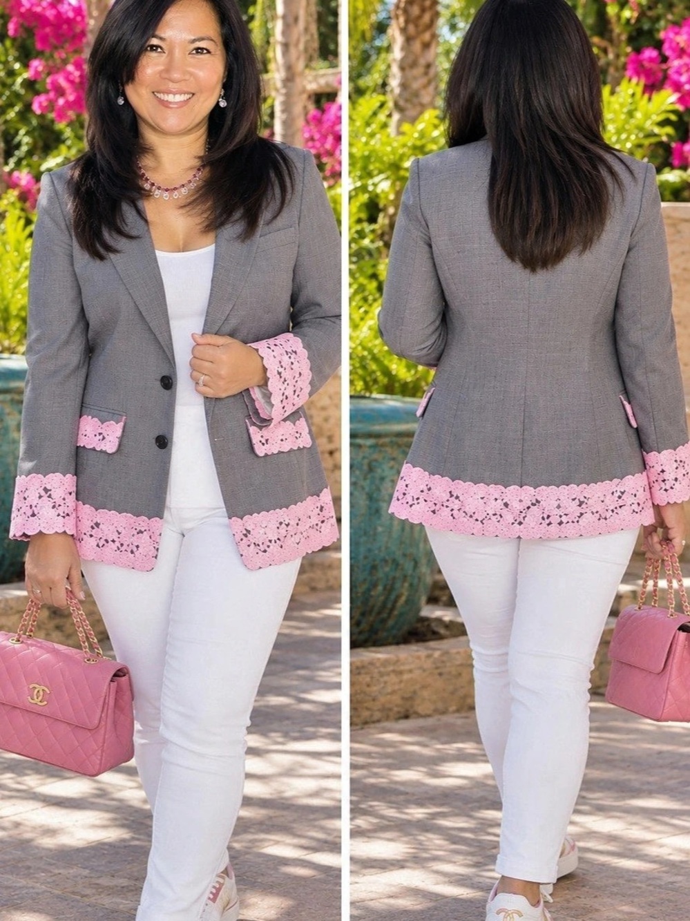 Second Chance by Aloha Refashioned Gray Blazer Pink Lace Trim One of a Kind M/L